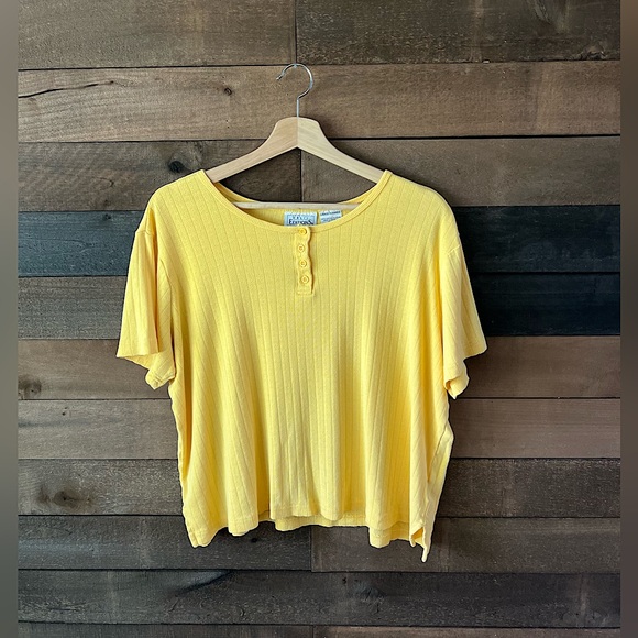 Basic Editions Tops - 90s Basic Editions Yellow Ribbed Button Henley Tee – Boxy Fit